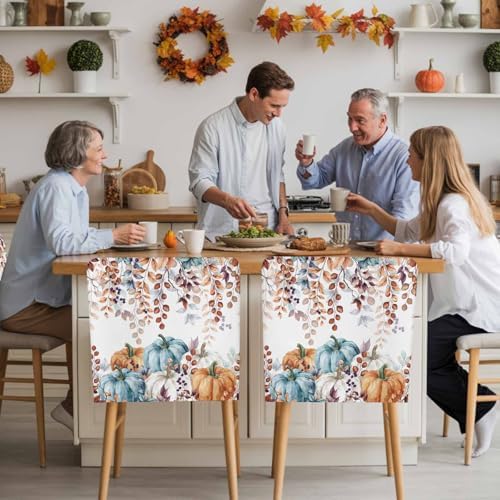 Fall Chair Covers Set of 8 Autumn Eucalyptus Leaf Chair Slipcover Protector Removable Stretch Chair Covers Maple Leaves Harvest Pumpkin Thanksgiving Chair Back Covers for Dining Chairs Kitchen Party