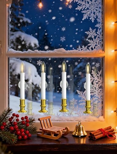 4 Pack Christmas Window Candle Lamps, Battery Operated Window Candle Lights with Automatic Timer and C26 3V LED Bulbs Candlestick for Indoor Windows Table Decor, 4 Suction Cups