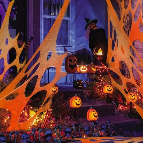 Glow in the dark Purple 1000 Sqft Uncut Giant Spider Web Halloween Decorations Outdoor with 1 Black Light &10 Ground Nails Stretchy Beef Cloth Netting DIY Flexible Elastic for Yard Party Decor