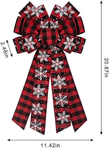 Hying Large Christmas Bow for Wreath, Red Black Buffalo Plaid Bows for Front Door Wall Fence Decor, Snow Wreath Bow Tree Topper for Winter Party Decoration Supplies