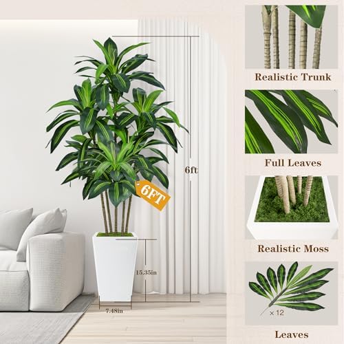 Flydeer 6FT Artificial Dracaena Tree with Tall White Planter, Floor Plant