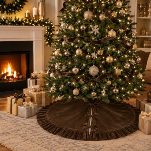 Velvet Christmas Tree Skirt Brown 60 inch Ruffled Holiday Tree Skirt for Rustic Xmas Tree Decoration