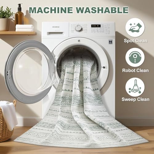 Nakagishi Green Rug Living Room Rugs: 8x10 Washable Boho Large Neutral Soft Farmhouse Stain Resistant Modern Non Slip