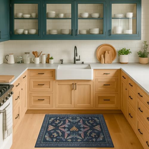 Dark Blue 2x4 Non Slip Bathroom Rug, Washable Vintage Boho Insect Carpet for Kitchen Floor, Entryway & Powder Room, Low