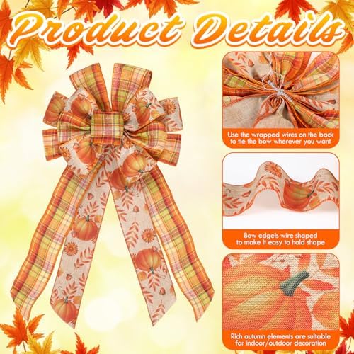 Suncalla 4 Pack Large Thanksgiving Wreath Bows Pre Tied Fall 21x11 Inch Wired Ribbon Decorative Autumn Tree Topper Bow for Front Door Indoor Outdoor Harvest Decorations(4 Pack)