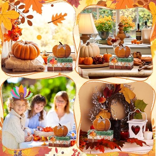 FairySandy 4 Pcs Fall Decor Thanksgiving Wooden Pumpkin Book Table Decor