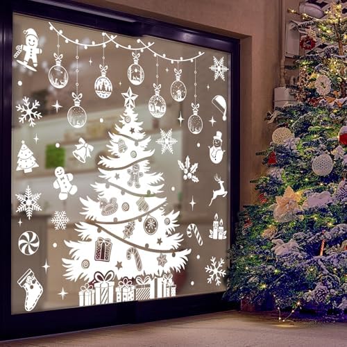 Whaline 6 Sheets Large Christmas Window Clings White Xmas Tree Ornament Reusable Anti-Collision Windows Decals for Winter Home School Office Party Decor Supplies