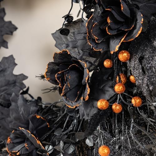 Glitzhome Halloween Wreath and Teardrop Swag Set, 3 Piece Black Rose Collection with a Spooky Lighted Bat Wreath and Swag, Elegant Gothic Floral Decor for Door, Mantle or Wall