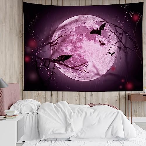 LB Halloween Full Moon Tapestry, Horror Black Crow and Bat on Purple Night Sky Wall Tapestry for Bedroom, Creepy Bat Wall Art for Living Room Home Decor, 59 x 51 Inches