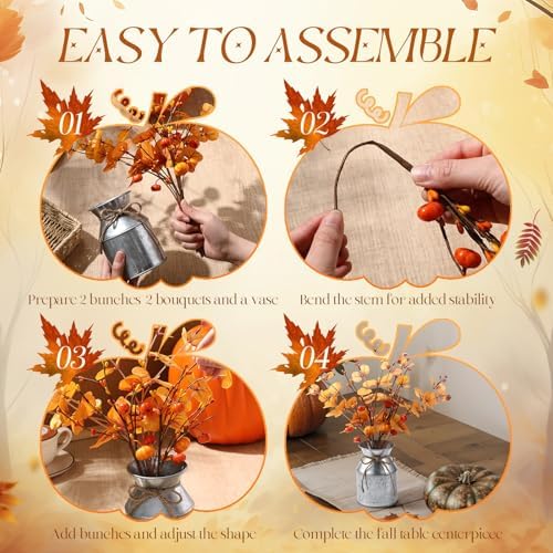 Thiccywoov 2 Set Thanksgiving Fall Table Centerpiece Decorations Artificial Orange Pumpkins Eucalyptus with Metal Vase Faux Pumpkins Plants in Pots for Autumn Harvest Party Home Dining Table Decor