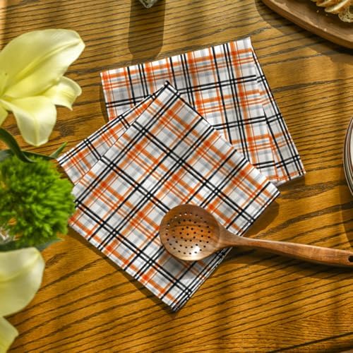 Horaldaily Halloween Cloth Napkins, Orange Buffalo Plaid Napkins Set of 6