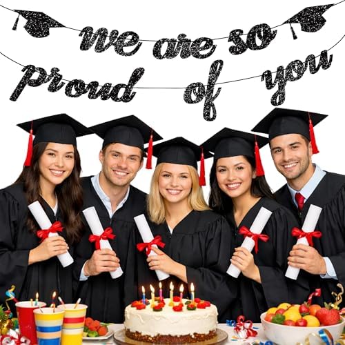 Graduation Decorations 2026 2027 | Pre-Strung Class of 2026 Graduation Banner, Black Glitter We are So Proud of You Grad Banner for Graduations Party Decorations Favors Supplies School Home Car Decorations