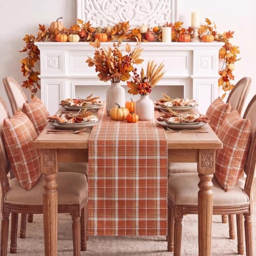 Softalker Fall Checkered Tartan Table Runner, Orange, 13 x 36 Inch
