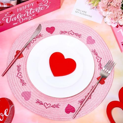 Whaline 4Pcs Round Valentine Placemats Red Pink Heart Embroidered Place Mats Decorative Dinner Table Mats for Home Wedding Anniversary Party Decor