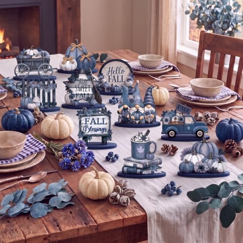 12 Pcs Fall Blue Decor for Home Blue Pumpkin Maple Leaf Table Centerpiece