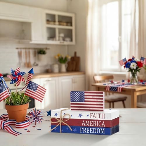 Smile Patriotic Wooden Block Stack with American Flag Decor, 4-Piece "Faith America Freedom" Tiered Tray Tabletop Sign for 4th of July & Memorial Day
