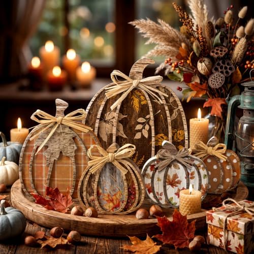 5 Pcs Fall Retro Pumpkin Decor for Home Autumn Wooden Table Centerpiece