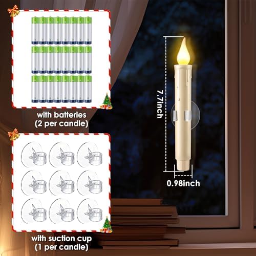 Enhon 12Pcs Dusk to Dawn Christmas Window Candles with Battery, Suction Cup