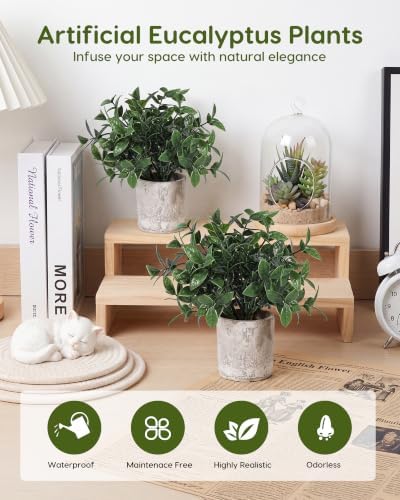 Velener 2 Pcs Small Fake Plants Eucalyptus, Artificial Plants Indoor for Shelf, Potted Eucalyptus Plants for