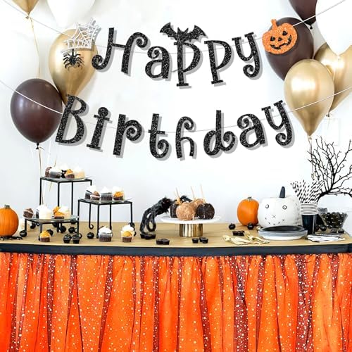 Black Halloween Happy Birthday Banner, Sparkly Glittery Pumpkin Spider and Bat Banners Halloween Birthday Party Decorations Supplies for Adults, No Diy.