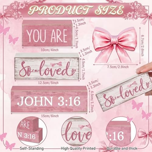 Lineshading 4 Pcs Pink Bow Decor Christian Table Decor Wooden Block Signs