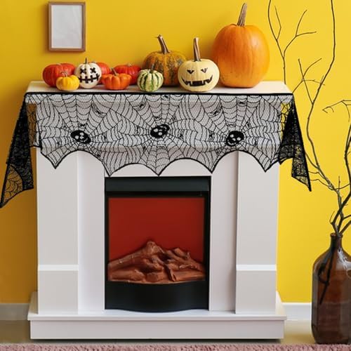 On-Airstore Halloween Mantle Scarf Skull Spider Web Fireplace Scarf Black Embroidered Lace Table Runner Mantle Cover for Halloween Fireplace Decoration Halloween Party Supplies 96 x 18 Inch