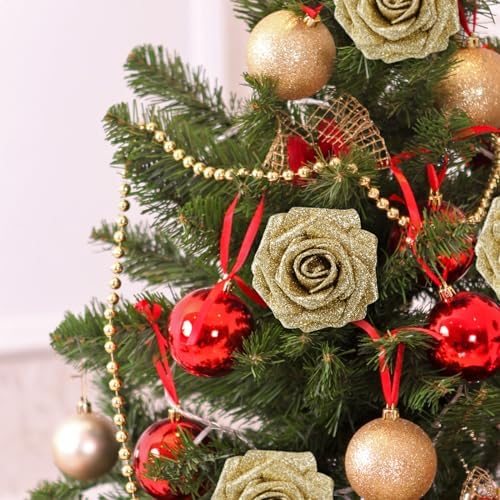 30PCS Gold Glitter Artificial Roses with Stems, Real Touch Foam Flowers
