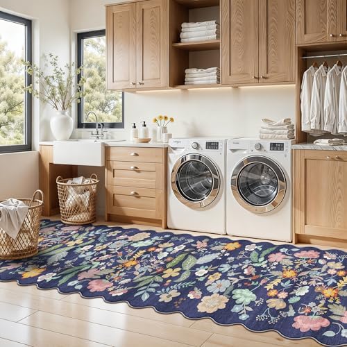 Washable Non-Slip Runner Rug 2x8: Water-Resistant Floral Kitchen Rug Indoor Low Pile Floor Mat for Living Room Bedroom