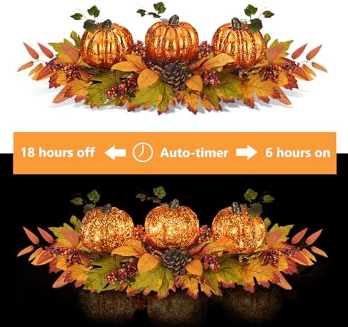 Fall Centerpieces for Table, Lighted LED Sparkle Pumpkins Battery Operated with Timer for Thanksgiving Autumn Harvest Dining Table Decorations 28’’ L