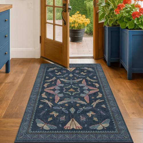 Washable 3x4 Entryway Rug, Non Slip Vintage Area Rug for Kitchen Floor, Laundry Room & Bedroom, Blue Boho Carpet with