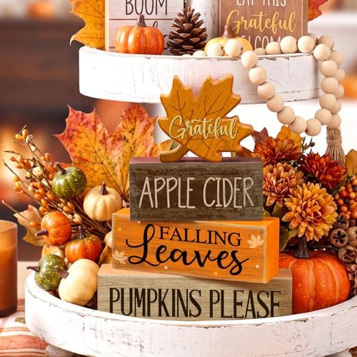 Moucuny 4 Pcs Fall Wooden Block Signs Tiered Tray Decor, Grateful