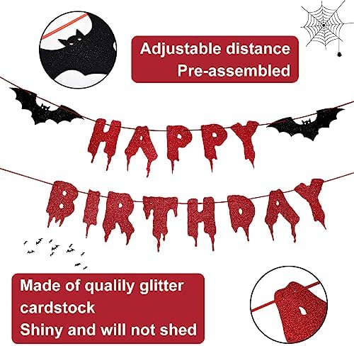 Happy Birthday Halloween Banner – Red Glitter Dripping Blood-Style Paper Letter Garland with Black Bat Accents for Scary Birthday Party, Vampire, Gothic and Horror Decorations