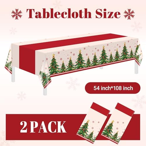 Childom 2 Pack Christmas Tablecloths,Christmas Party Decoration,54 x 108 Inch,Disposable Plastic Table Cloths Rectangular for Party Supplies,Xmas Tree Table Cover for Home,Dinner,Indoor,Outdoor,Picnic