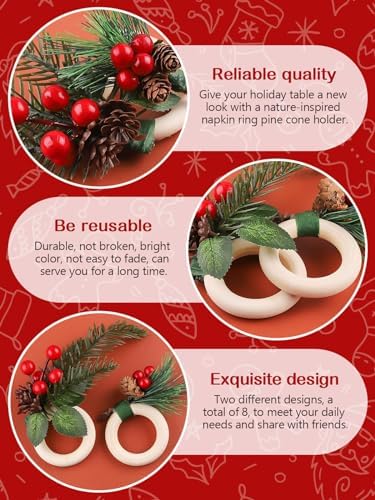 16 PCS Christmas Napkins and Rings Set, Lanstics 8PCS Xmas Napkin Buckles and 8PCS Red Washable Christmas Napkins Cloth Red Berries Napkin Holders for Christmas Holiday Dinner Party Table Decoration