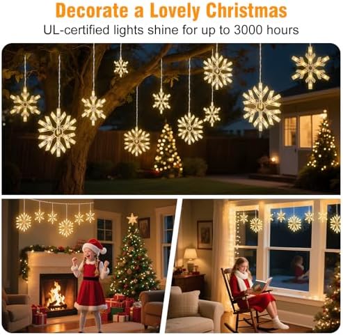 Minetom Snowflake Christmas String Lights with 9 Drops - 13ft 150 Mini Bulb Icicle Lights with Clips, Plug-in Connectable Hanging Lights for Front Porch House Tree Decor Holiday Décor