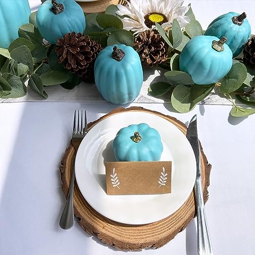 Winlyn 7 Pcs Assorted Artificial Teal Blue Pumpkins Halloween Faux Coastal Decorative Foam Pumpkins for Fall Baby Shower Thanksgiving Halloween Table Centerpiece Shelf Mantel Décor