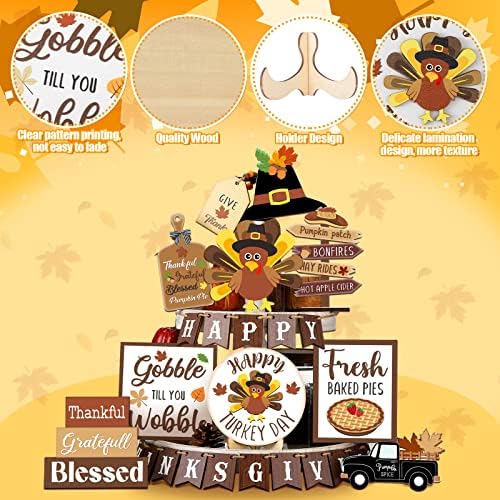 Tatuo 27 Pcs Fall Thanksgiving Tiered Tray Decoration Turkey Thanksgiving Table Decoration Fall Farmhouse Rustic Wooden Sign Truck Turkey Baked Pies Autumn Home Kitchen Decorative Tray