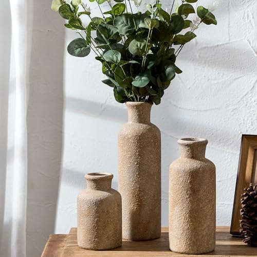 Ceramic Rustic Farmhouse Vase / Imitation Wood Color / Set of 3
