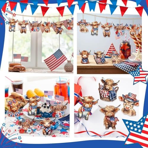 12 Pcs 4th of July Patriotic Wood Ornaments Hanging Decoration 250th Anniversary Tree Ornaments with Cute Cartoon Highland Cattle Designs for Independence Day Home Tree Decorations