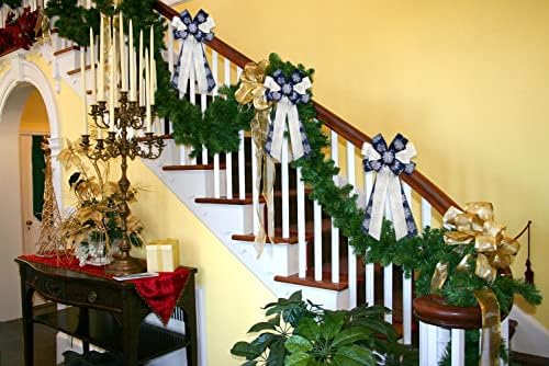 Hying Large Christmas Bow for Wreath, Blue White Cotton Bows for Front Door Wall Fence Decor, Christmas Snow Wreath Bow Tree Topper Bow for Winter Christmas Party Decoration Supplies