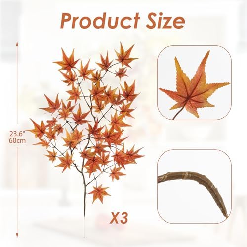 3 Pcs Artificial Maple Leaves Branches 23.6 Inch Fake Fall Maple Plants Autumn Leaf Bushes Faux Silk Foliage for Home Thanksgiving Centerpiece Farmhouse Fireplace Halloween Décor - Orange