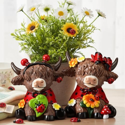 Karenhi 2 Pcs Highland Cow Figurines Resin, Ladybird Tabletop Decor