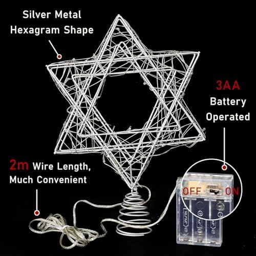 Star of David Christmas Tree Topper, Silver Hanukkah Treetop Battery Powered with Timer, Woven Iron Ribbon Warm White Light String, 7'' Star Tree Topper for Chanukah, Xmas Tree, Wedding