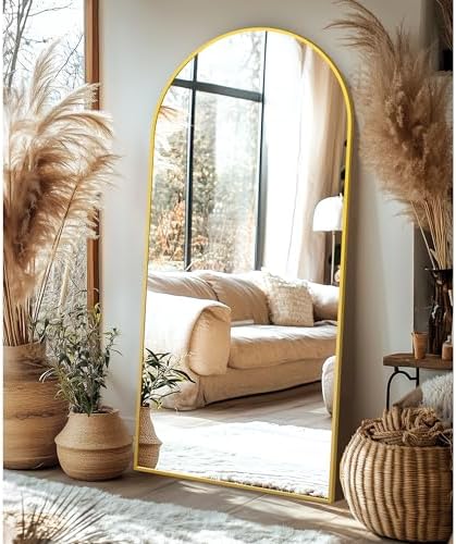 Delma Arched Full Length Mirror with Stand, 75x35 Gold Floor Mirror