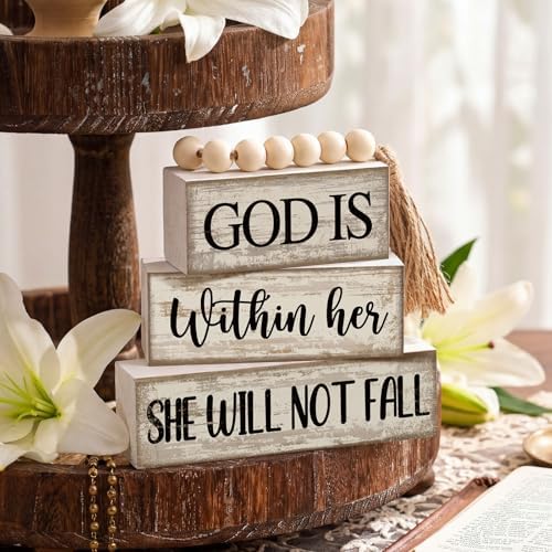 Lineshading 4 Pcs Wooden Blocks God Is Within Her Farmhouse Decor