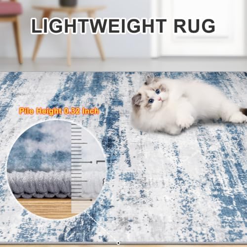 PLHXFR 10x12 Area Rug Living Room: Abstract Washable Carpet White Blue