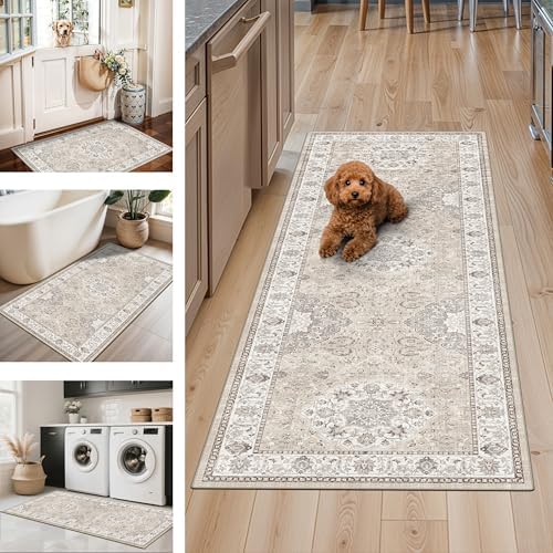 Washable Kitchen Rug Set of 3: Boho Non-slip Soft Stove Sink Mat Light Weight Stain Resistant Carpet for Dog Bowl Area