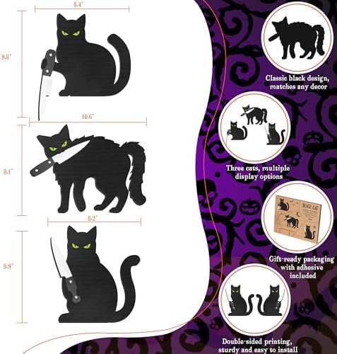 Dripykiaa Scary Black Cat Halloween Wall Decor, 3PCS Wooden Creepy Cat Decorations, Wall Art for Door, Window, Shelf, Bathroom, Living Room Halloween Decorations