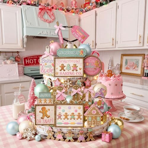 Shellwei 24pcs Pink Christmas Tiered Tray Decor Set Rustic Gingerbread Sign