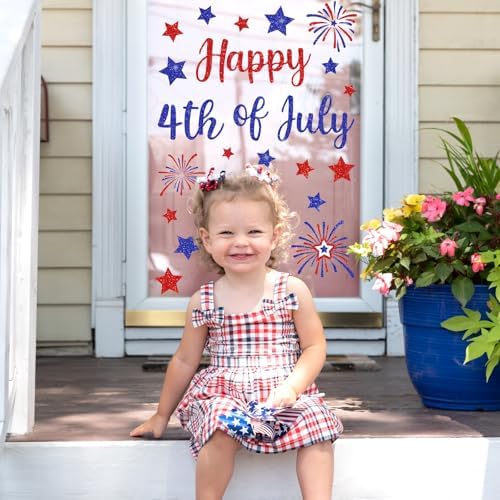 Whaline 6 Sheets Patriotic Window Clings Glitter Happy 4th of July Reusable Window Decals Red Blue Star Firework Glass Sticker for 250th Anniversary Independence Day Memorial Day Home Party Decor